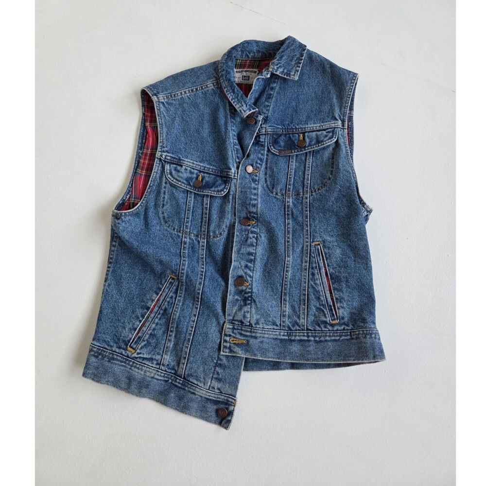 Vintage 90s Lee Heritage Denim Vest Mens M Red Plaid Lined Trucker Workwear - Picture 9 of 9